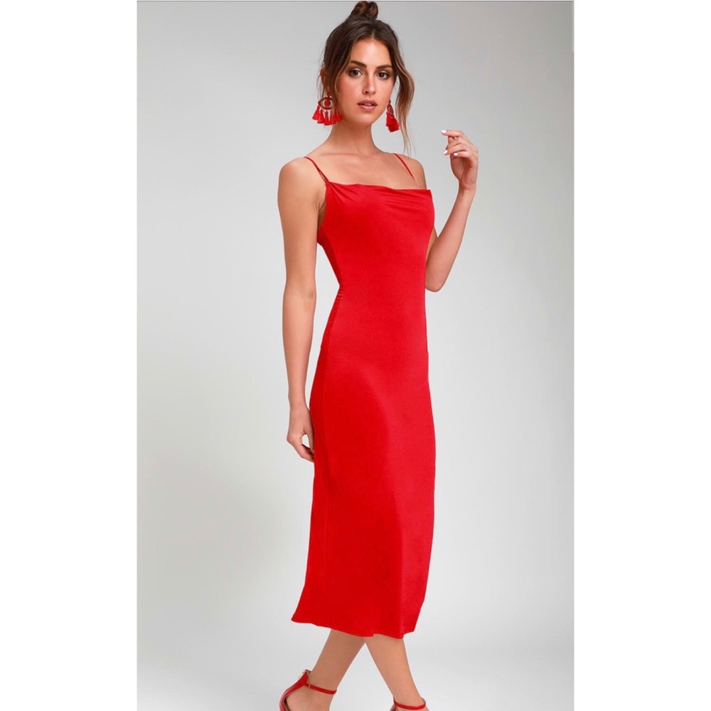 Lulu’s Red Cowl Neck Midi Slip Dress NEW